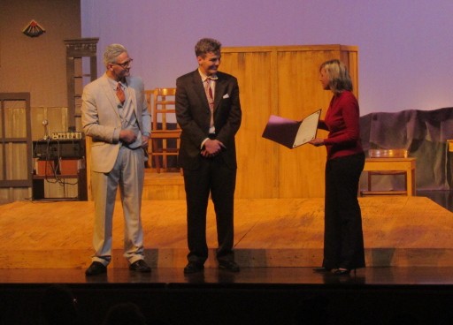 Opening night for Inherit the Wind ended with Representative Jeanne Ives recognizing WeGo Drama. Club president, senior Robert Bradley (center) and junior vice-president Maxwell Smith accepted the award on behalf of WeGo Drama. 
