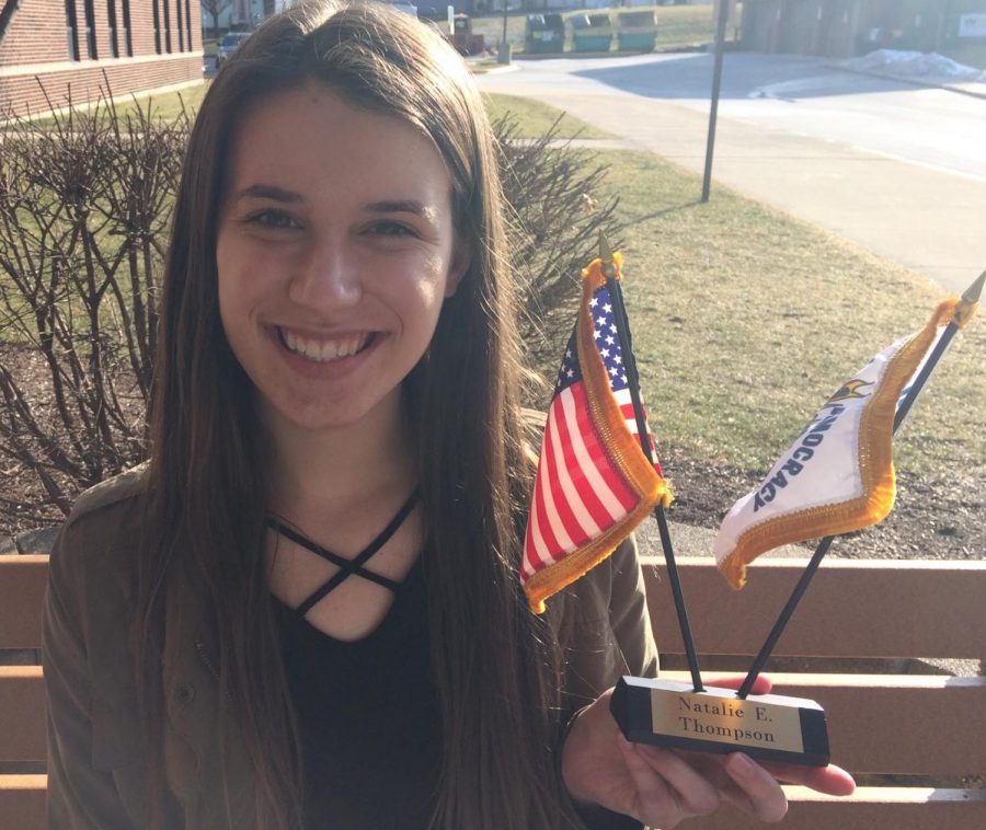 Senior Natalie Thompson placed first in the VFW Voice of Democracy competition. She won a flag and a $750 check as a prize. 