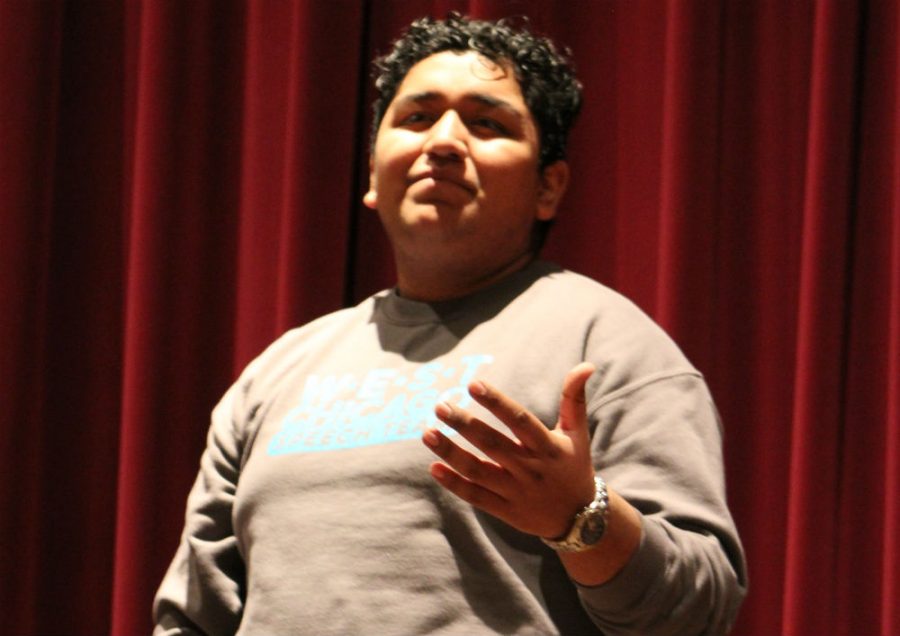 Senior Efrain Aguilar practices his piece The Wisdom of a Third Grade Dropout during regional showcase practice.