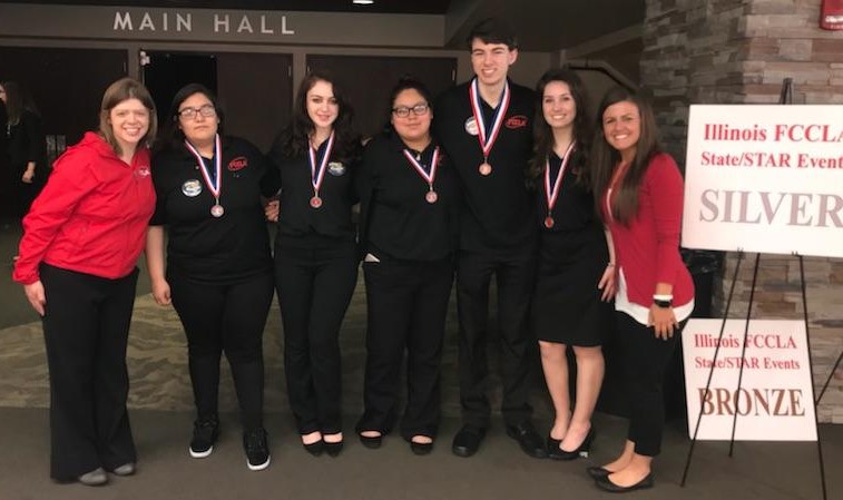 From left to right FCCLA adviser Brittney Bauer, seniors Alondra Reyes and Ana Sanchez, junior Sabrina Lutfiyeva, sophomore Ellie Rzeszut, and adviser Angela Gentile competed at the FCCLA competition on April 12 to 14.