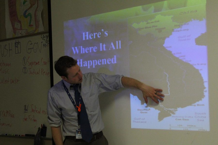 AP (Advanced Placement) U.S. history John Chisholm gives a Vietnam War presentation, a topic touched upon in the AP U.S. history test. 