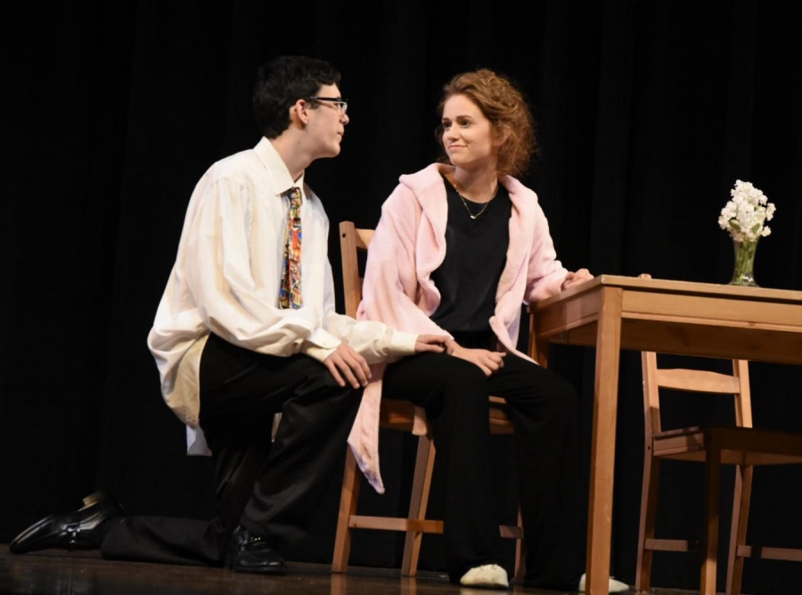 Sophomore Ryan Castiglia and junior Megan Kordik on stage during the 24 hour play festival last year.