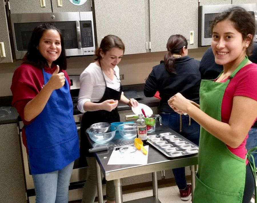 Women’s Leadership Club met in the family and consumer science kitchen Sept. 27 to bake treat options. From left, seniors Diana Mendoza, Sabrina Lutfiyeva, and Lupe Arriola baked butter cookies that they got to sample.