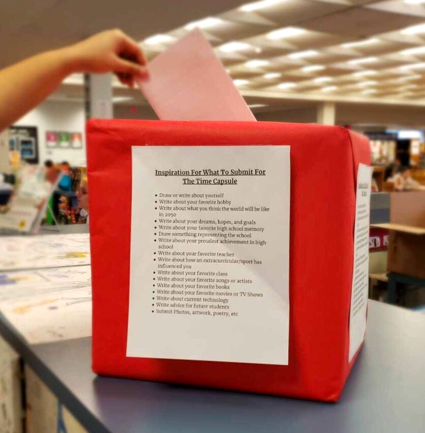 Prompts for the time capsule can be submitted in the library at the front desk and artifacts can be dropped off in room 206.
