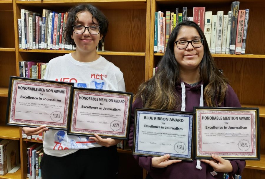 News editor Leslie Najera-Rivas (left), perspectives editor Isabela Casimiro, and (absent) editor-in-chief Ariana Alcantar win a blue ribbon and honorable mentions from the National Illinois Scholastic Press Association (NISPA) for excellence in journalism.