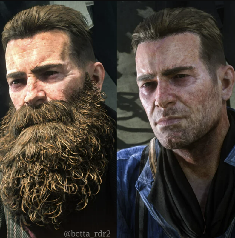 A+side-by-side+comparison+of+Level+9+and+Level+1+beard+styles+worn+by+Arthur+Morgan.