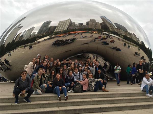 Foreign exchange students from Spain see Cloud Gate in Chicago during their 2017 trip.