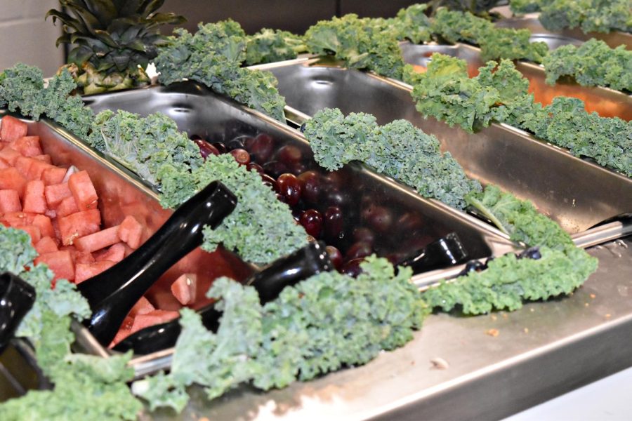 An array of vegetables are surrounded by seemingly decorative greens in the cafeteria.