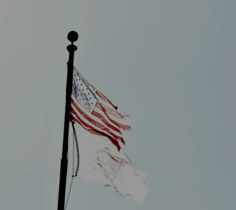 A tattered American Flag waves in the breeze outside of West Chicago Community High School.