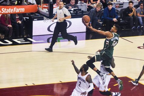 Giannis Antetokoummpo goes in for a layup versus the Cleveland Cavaliers in 2016. (Photo by Erik Drost via Wikimedia Commons)