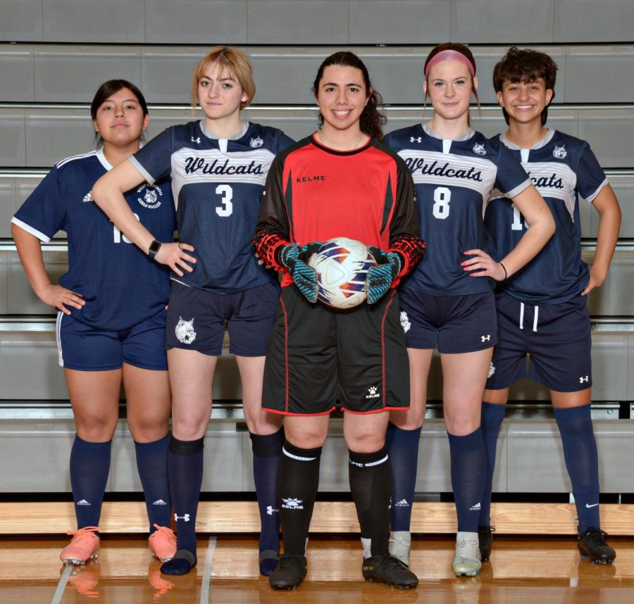Varsity soccer seniors include, from left to right: Montserrat Tapia, Jenna Zeitoun, Ariana Hernandez, Nicole Murphy, and Daisy Garcia.