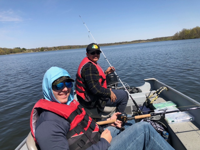 Sophomores Jake Silanskis and Junior Kumar fish on Shabbona Lake. (Photo courtesy of Paul Lichy)