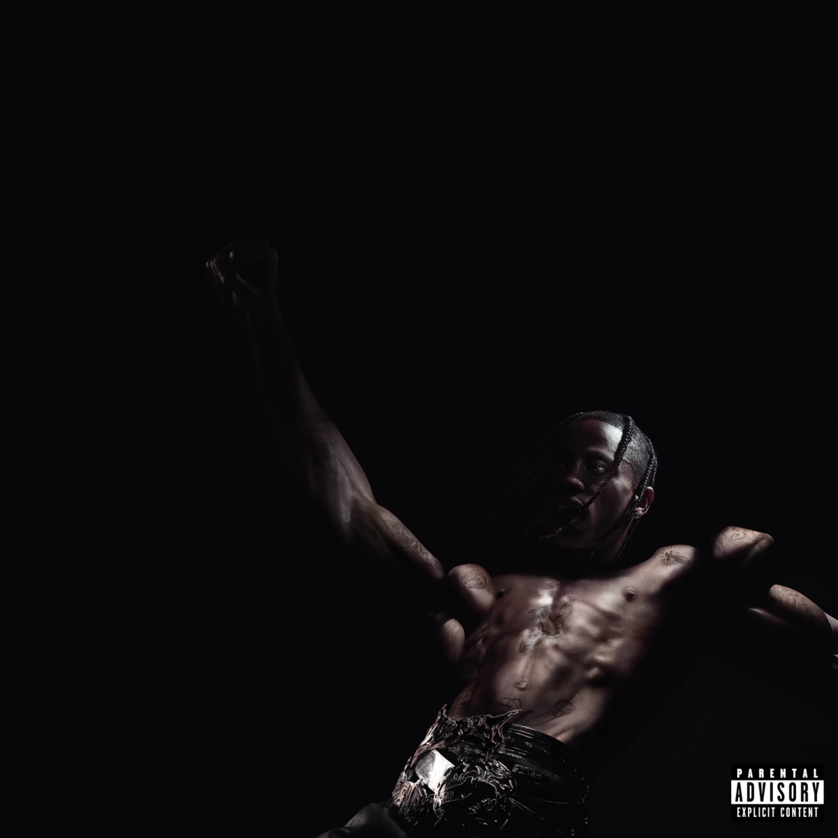 The cover for UTOPIA went through numerous revisions, but the current version features Travis Scott against a black backdrop falling backwards. It is reminiscent of the original cover for Rodeo, Travis Scotts first album. (Photo credit: rateyourmusic.com)