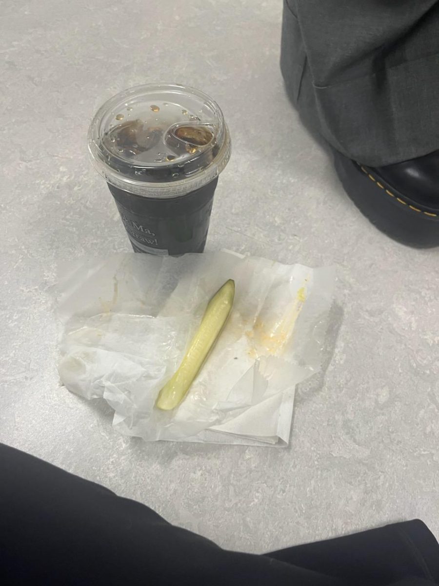 Lauren Sikma couldnt wait to indulge in her girl dinner on the band room floor so she submitted her practically finished meal. She had a burger and fries from Augustinos along with a pickle and drink. Id rate this girl dinner an 8/10. 