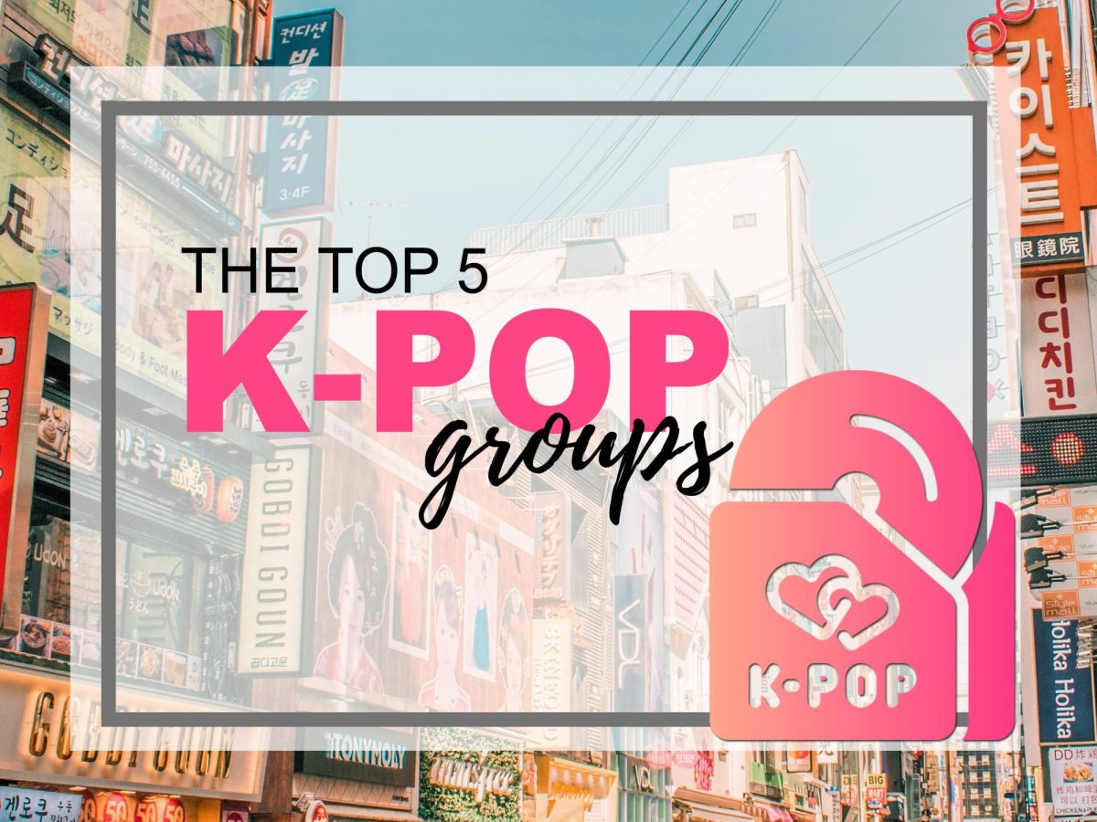 K-pop is not going anywhere, so those looking to jump into the genre should start with these five groups. (Photo illustration created by Wildcat Chronicle Staff using images by Cait Ellis via Unsplash and Mayor Icons via Flaticon)