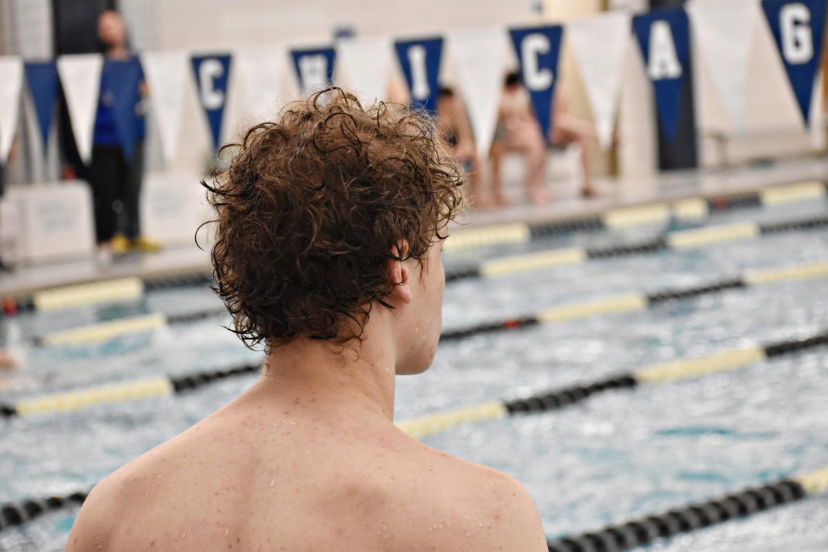 Senior Devin Larimer looks out at the pool as the next set of swimmers prepares to race.