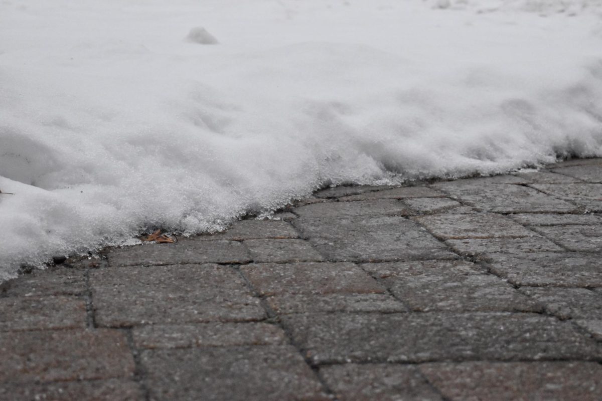 An ice layer has formed on top of the snow and all sidewalks and roads are covered in a layer of ice. 