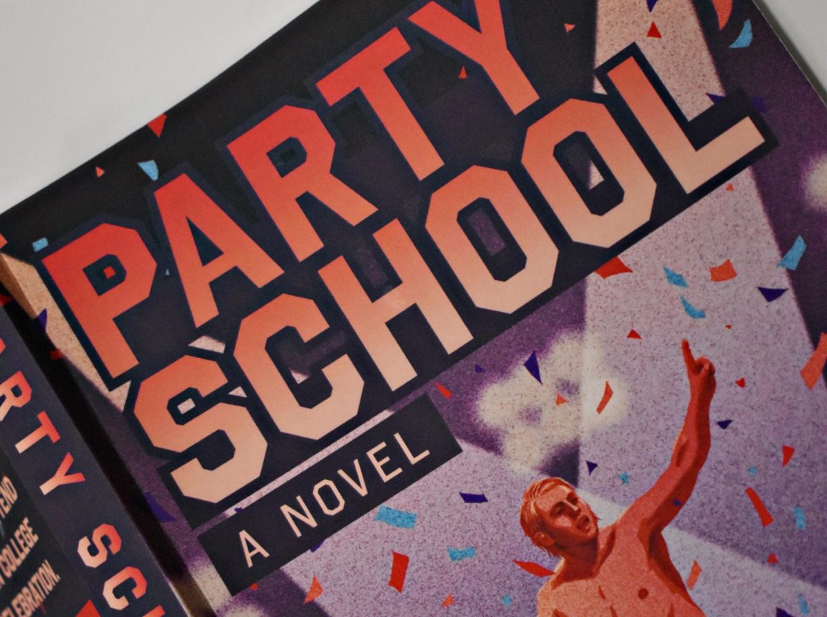 The cover of Party School features a nude representation of the main character running across a football field.