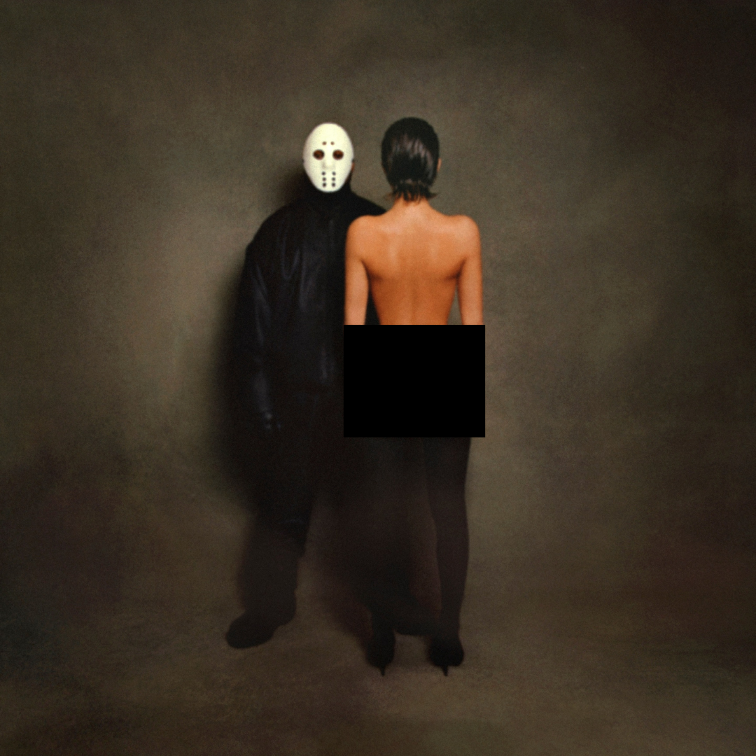 The album cover for VULTURES 1 features a masked Kanye West alongside his scantily clad wife Bianca Censori (Courtesy of YZY).