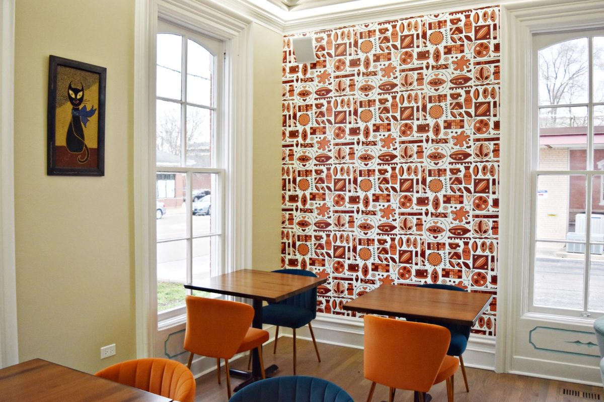 The interior features various cat wallpapers and paintings, and brightly-colored furniture.