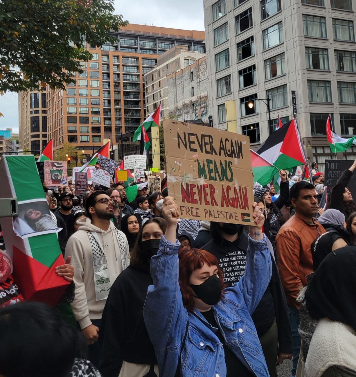 Protests+have+been+raging+on+in+Chicago+following+the+Israeli+invasion+into+Palestine.+%28Photo+courtesy+of+Aisha+Ali%29.