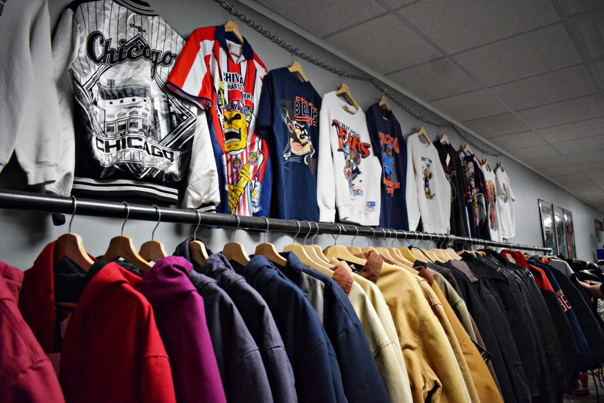 Sweaters, jerseys, and jackets are available in a variety of sizes and brands at The Whistle Stop, which specializes in vintage apparel.