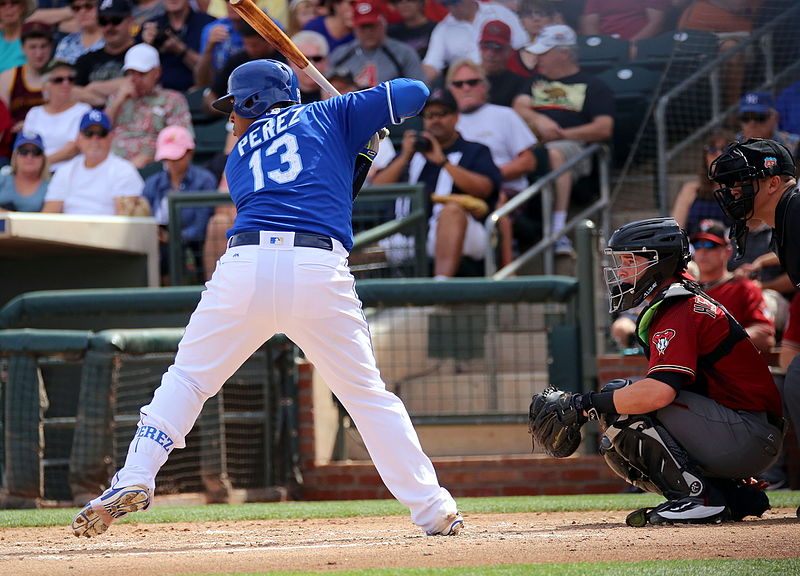 Salvador Perez awaits a pitch in his first at bat against the Diamondbacks in spring training. (Royalty-free photo courtesy of Arturo Pardavila III via Wikimedia Commons)