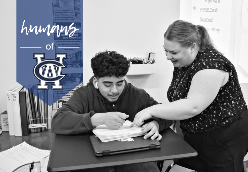 English teacher Alexandra Schwartz works with a student in her ninth period class during the 2023-24 school year.