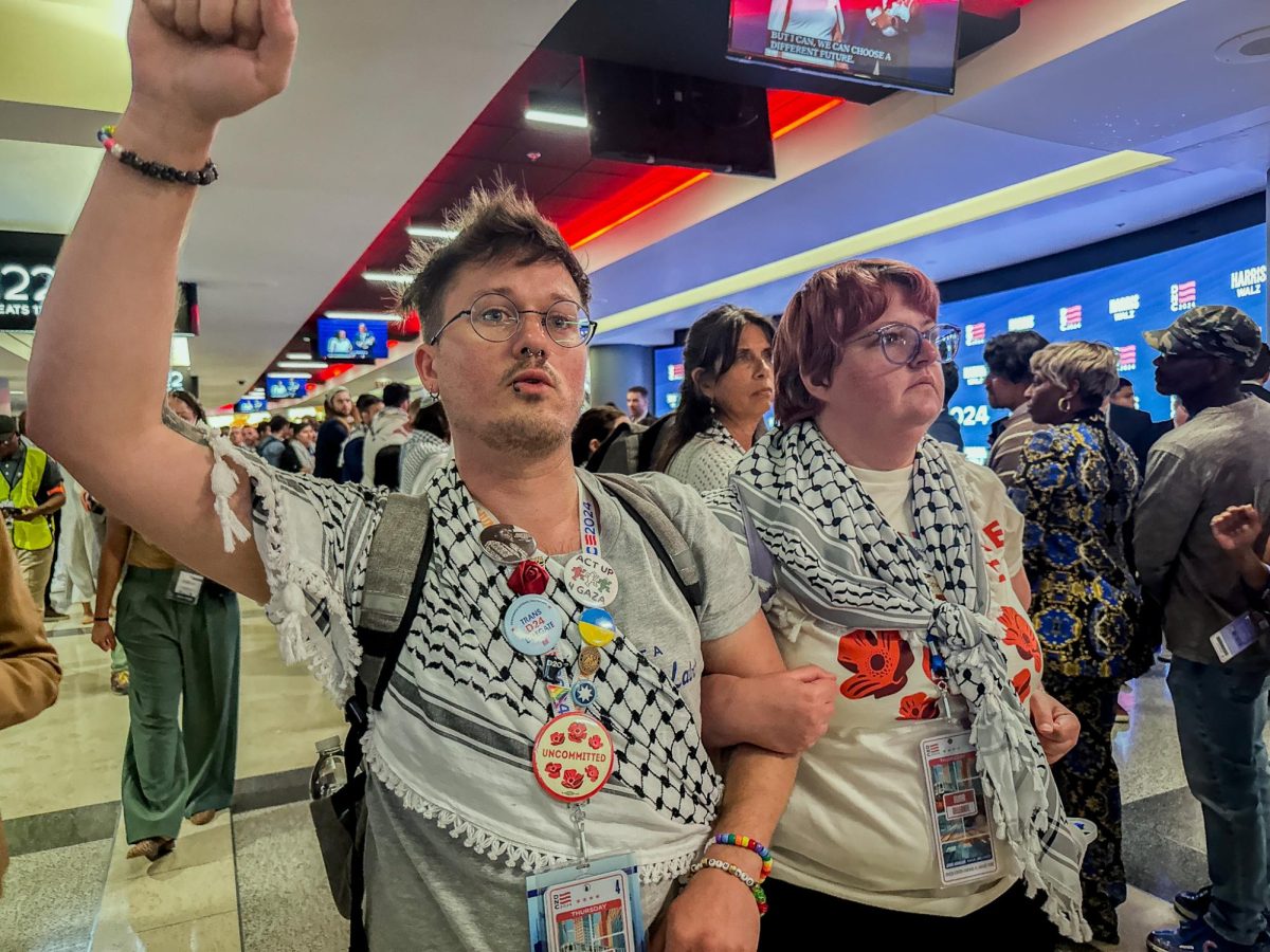 Delegates in support of a ceasefire in Gaza roam the halls of United Center, locked arm to arm. One unidentified protestor explained to media the group opposed the lack of Palestinian representation at the Democratic National Convention (allegedly, a Palestinian speaker was pulled from the roster last-minute), and seating at the the event on Aug. 22.