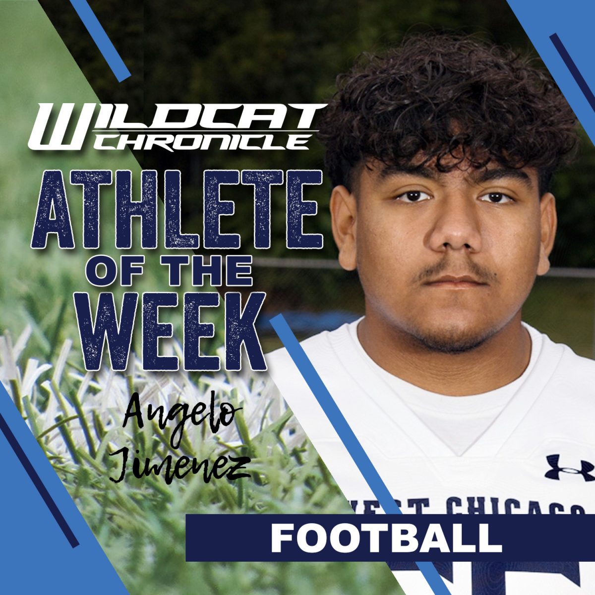 OCT. 13-19: In the Wildcats' Homecoming game on Friday, Oct. 18, senior Angelo Jimenez continued to play a critical role: as the anchor of the offensive line, Angelo’s leadership and ability to read the defense have been crucial for the Wildcats’ success. Throughout the season, his precision in snapping the ball and strong blocking have allowed the quarterback time to make plays and opened up running lanes for the offense. (Photo illustration created by Wildcat Chronicle Staff using image by Lifetouch)