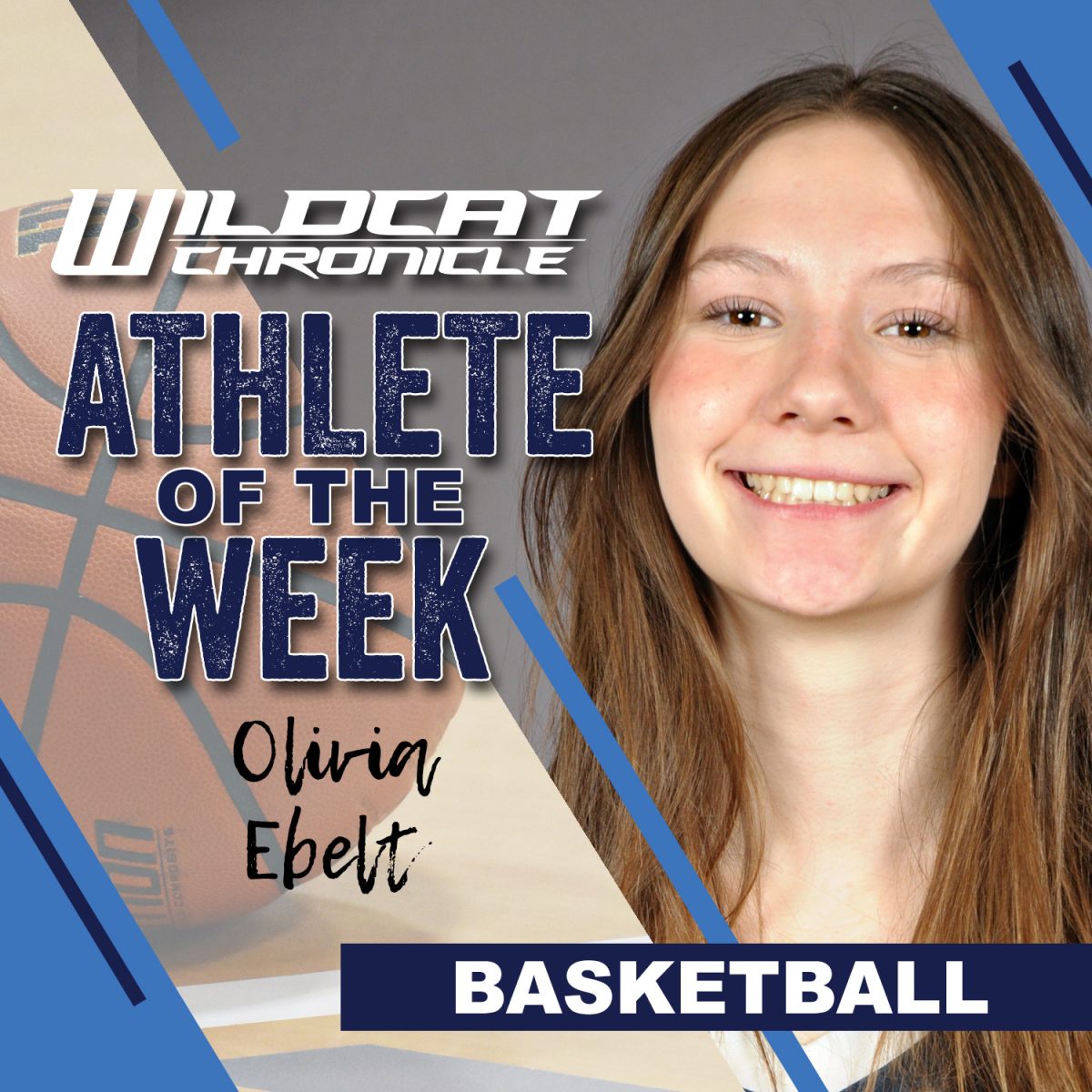 FEB. 10-16: Sophomore Olivia Ebelt has been a powerhouse for the Wildcats, leading the team with nearly 200 rebounds this season. Playing as a center, she consistently outworks taller opponents, using her hustle and determination to dominate the boards and make a crucial impact for her team. (Photo illustration created by Wildcat Chronicle Staff using images by [Eli Sampson] and Lifetouch.)