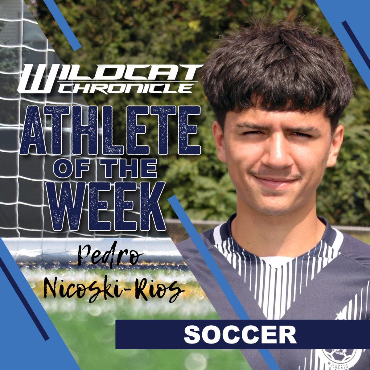 Aug. 25-31: Senior Pedro Nicoski-Rios is the Chronicle's first pick of the season for the distinction of Athlete of the Week. According to Coach Dorian Carrasco, Nicoski-Rios was instrumental in the guiding the soccer team in its home opener against Benet Academy on Aug. 29. He truly commanded the back line, Carrasco said, and is well-deserving of the honor. (Photo illustration created by Wildcat Chronicle Staff using images by Lifetouch and Chris Pena)