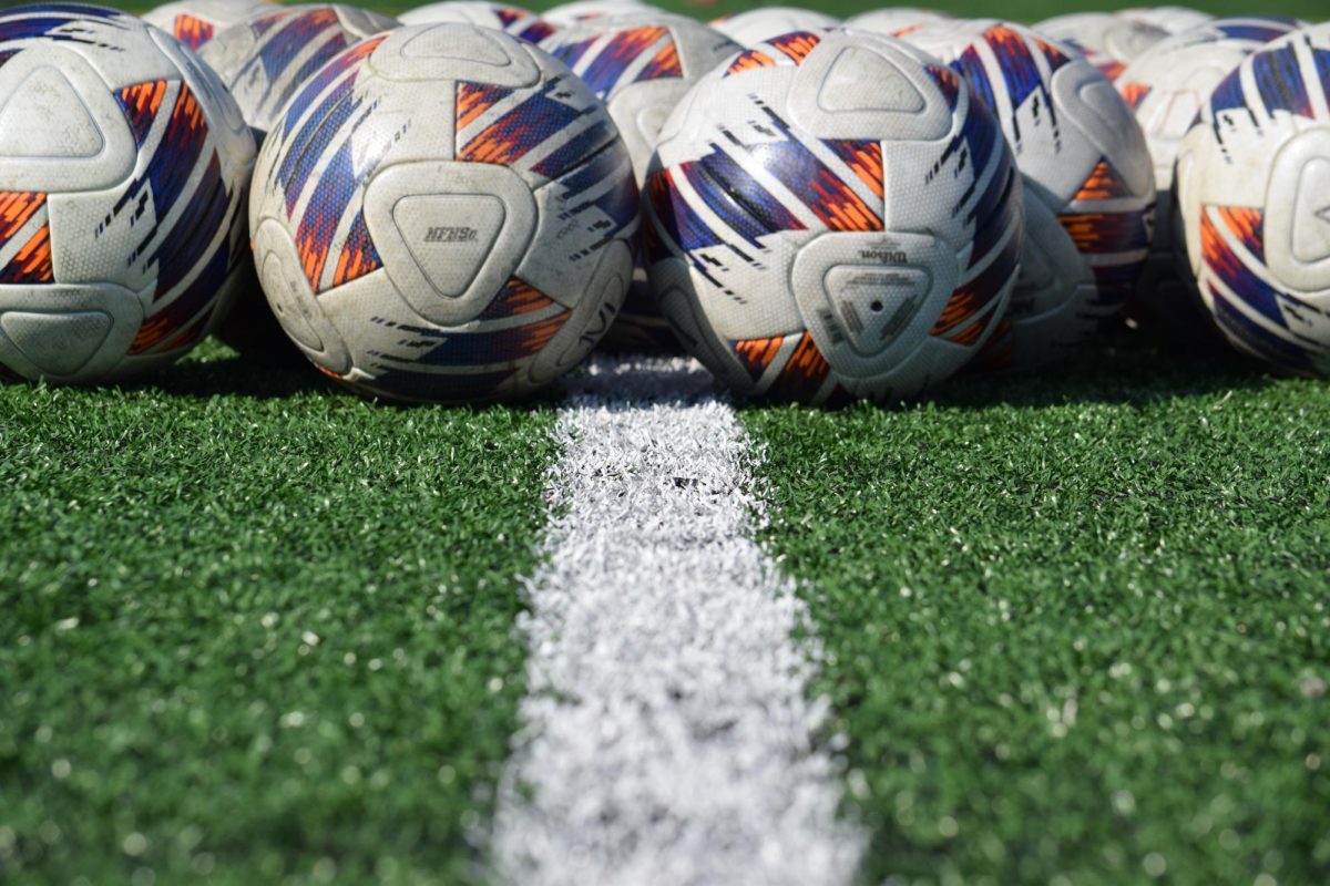 Soccer balls line Memorial Stadium in September 2024.