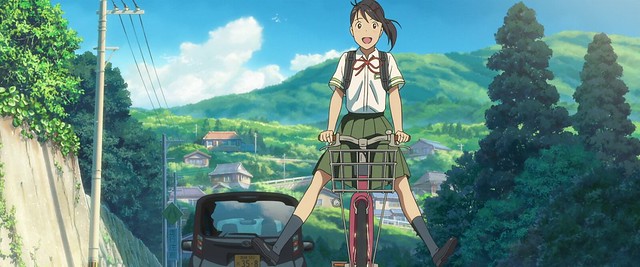 Suzume in one of the first scenes of the movie, riding her bike to school. (Image by CoMix Wave Films and Story Inc./Takumi Tanji/Masayoshi Tanaka)