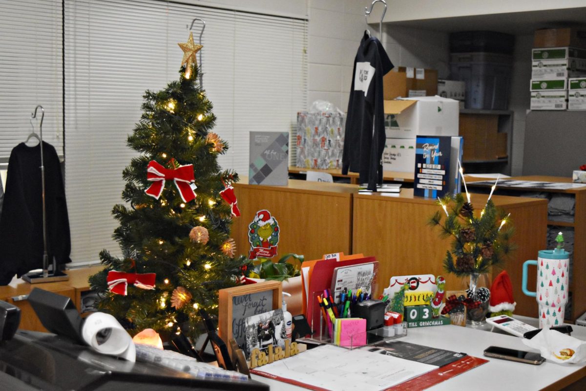 Classrooms, hallways, and even the bookstore have been decorated for the Christmas holiday.