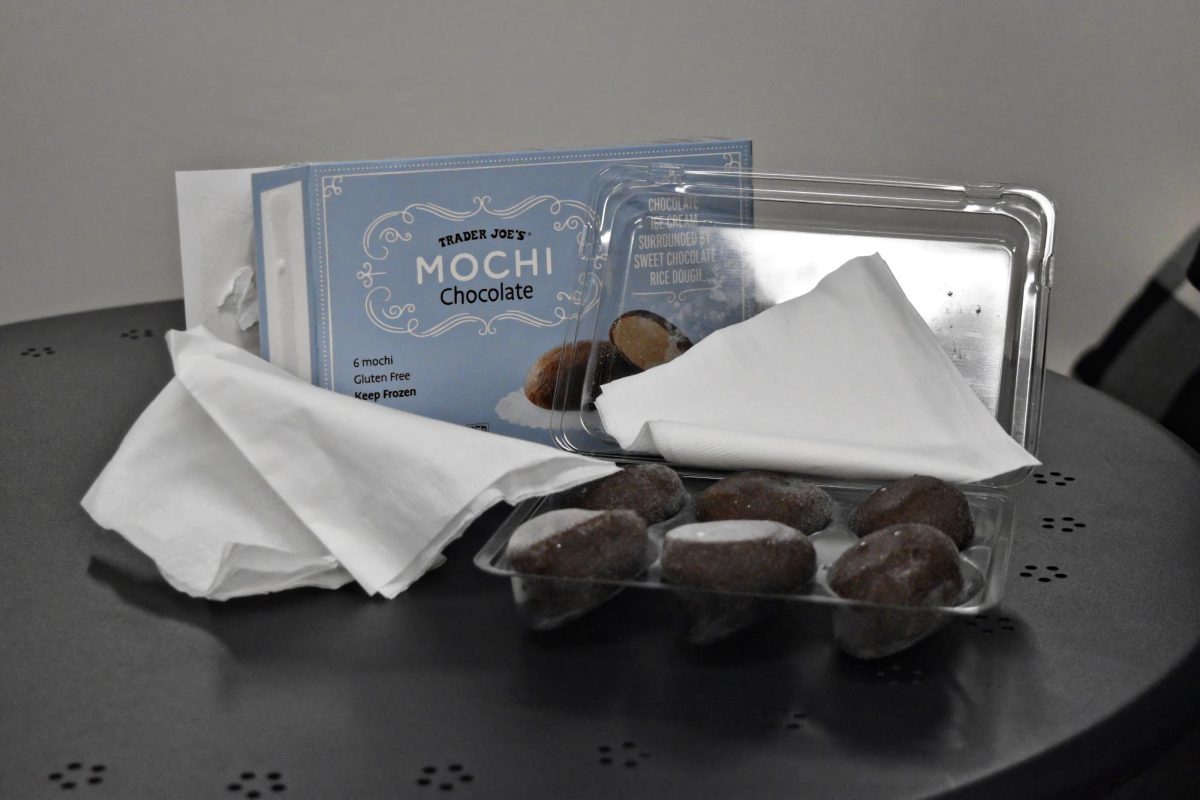 A package of Trader Joe's Chocolate Mochi, featuring six individually wrapped pieces of chocolate ice cream encased in chewy rice dough, ready for a taste test.