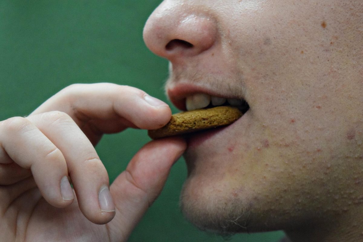 A taste test in action, capturing the moment someone enjoys the rich flavors of a Hot Cocoa Chips Ahoy cookie.