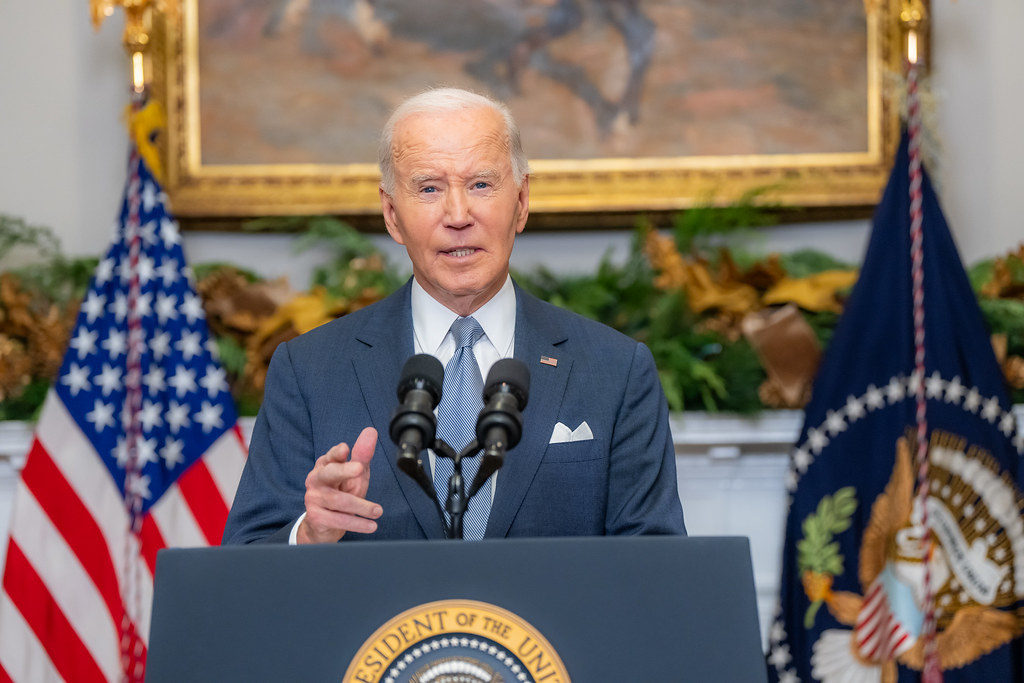 President Joe Biden delivers remarks on the overthrow and collapse of the Syrian government under Bashar al-Assad, Sunday, December 8, 2024, in the Roosevelt Room of the White House. (Official White House Photo by Adam Schultz)