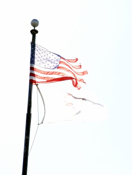 A tattered American flag waves in the breeze outside West Chicago Community High School, suggesting resilience through trials.