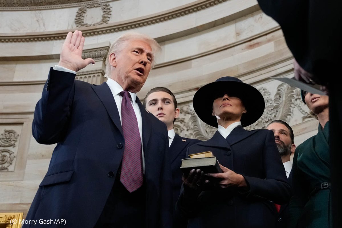 Donald Trump is sworn in as the 47th president of the United States by Chief Justice John Roberts as Melania Trump holds the Bible during the 60th Presidential Inauguration in the Rotunda of the U.S. Capitol in Washington, Monday, Jan. 20, 2025. (AP Photo/Morry Gash, Pool; copyright-free via the US. Department of State)