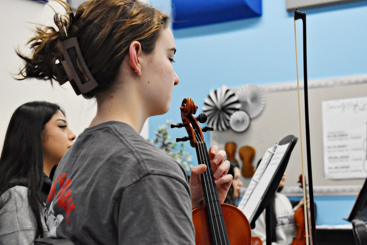 Sophomore Elisa O'Brien practices violin for the up coming concert at West Chicago Community High School in Feb. 2025.