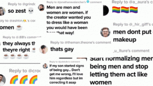 An infographic made by Romeo Alfaro demonstrating just some of the comments on social media that target the idea of masculinity. (All profile pictures are AI-generated; comments were recreated by Romeo Alfaro using TokComment.)