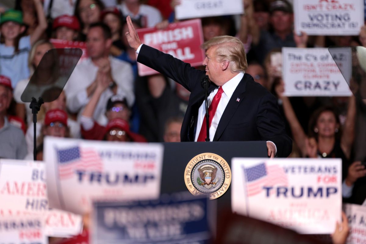 President Donald Trump speaks at a Make America Great Again campaign event held at Phoenix-Mesa Gateway Airport in Mesa, Arizona. (Photo by Gage Skidmore via Wikimedia under CC 2.0)