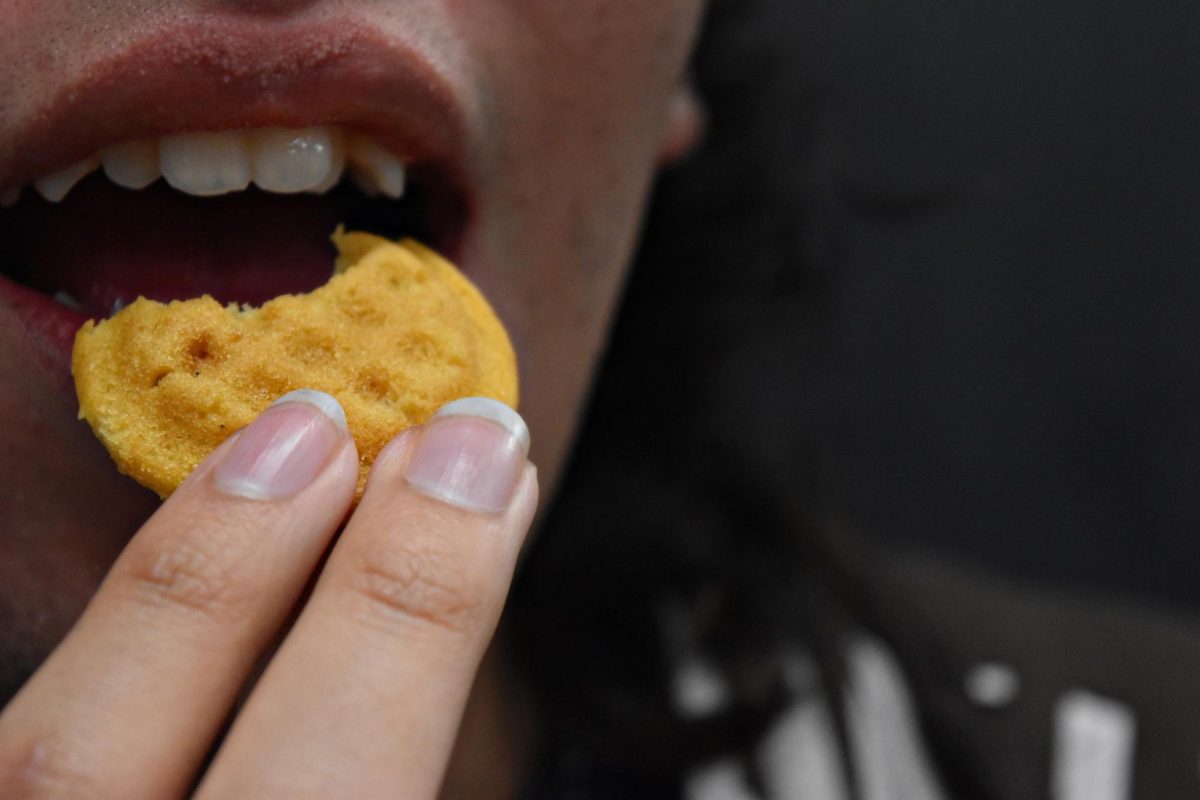 A bite-sized My Mochi Waffle Bite being tasted, revealing its dry and crumbly texture.