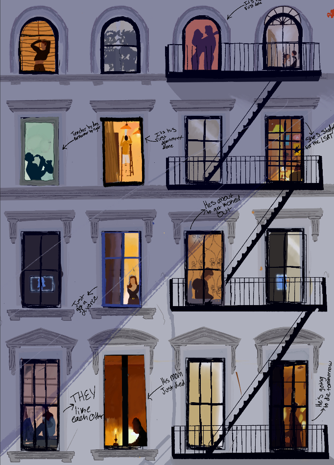 SEPARATE ROOMS, SHARED QUESTIONS: An illustration showing individuals in separate apartments, each isolated yet simultaneously searching for meaning, reflecting the shared but solitary nature of existentialism. (Photo illustration by Ruby Guerrero)