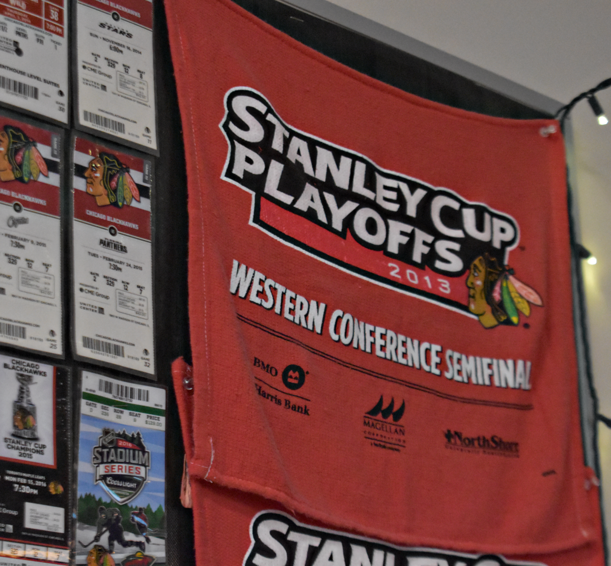Featured in a history teacher's classroom, the towel from 2013 Stanley Cup Playoff game. After 6 years, they can make it to the playoffs again. 