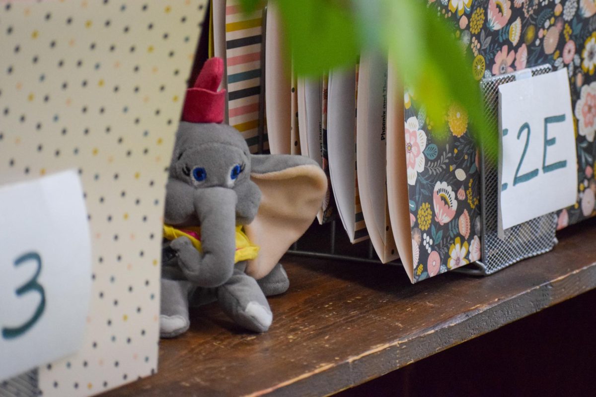 Among textbooks and lesson plans, a well loved childhood plush becomes a touchstone of simpler times. A comforting symbol of nostalgia of adulthood in a classroom.