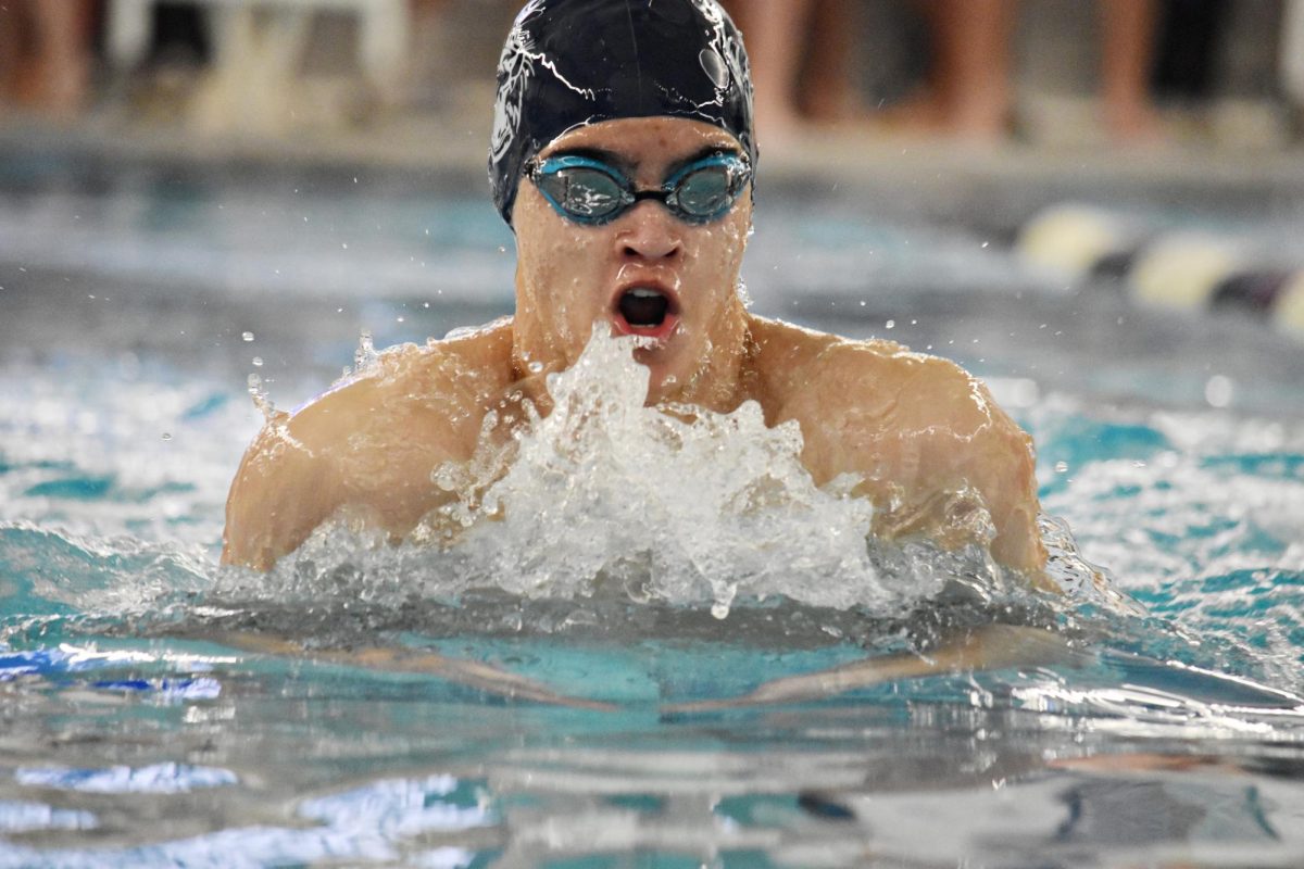 A swimmer breaks through the water during the 4x100-meter freestyle relay at the Dan Johnson Memorial Wildcat Relays on Dec. 13 in the Dan Johnson Natatorium.