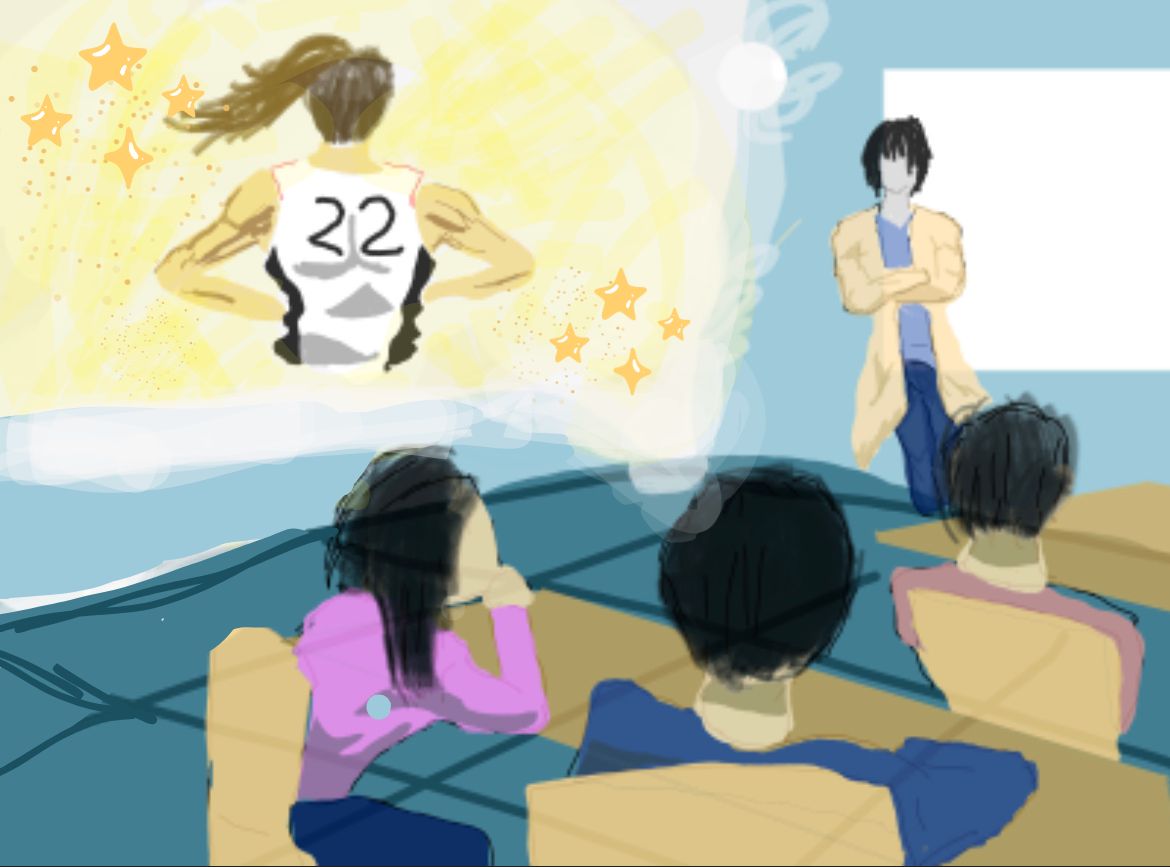 In this illustration by Gabriella Castro, an elementary school student finds themselves daydreaming of Caitlin Clark. Leaders and role models not only make an appearance in meetings and practices, but they make a lasting impression on students, adults and children.