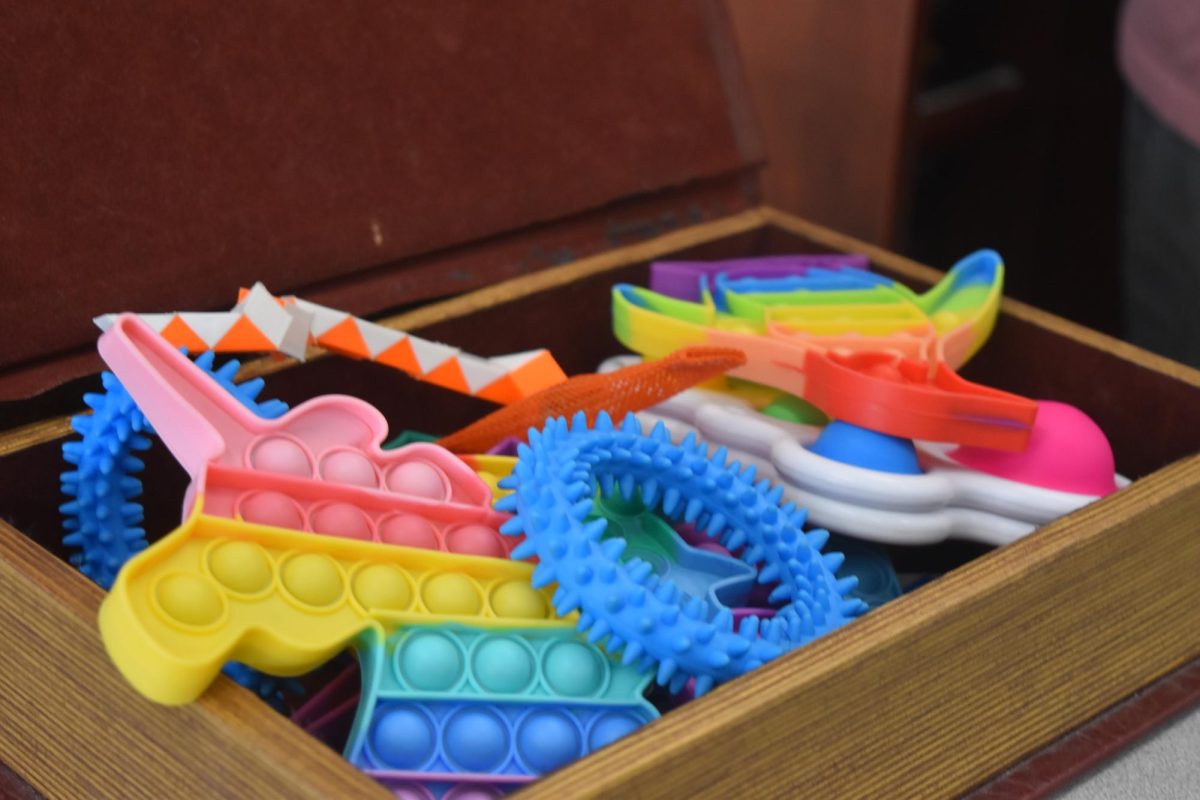 Fidget basket in Healy Rodman's room which possesses pop-it toys, rings, mesh fidgets, and more. These are available to her students as they need. 